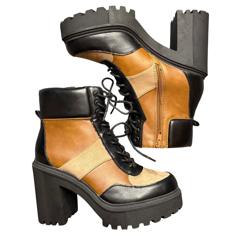 Madden Girl Rogue Patchwork Faux Leather Lace-Up Platform Lug Sole Boot 9 NWOT